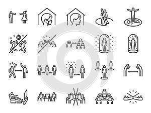 Social distancing line icon set. Included icons as self quarantine, stay home, protection, avoid crowded,Â space, area and more.